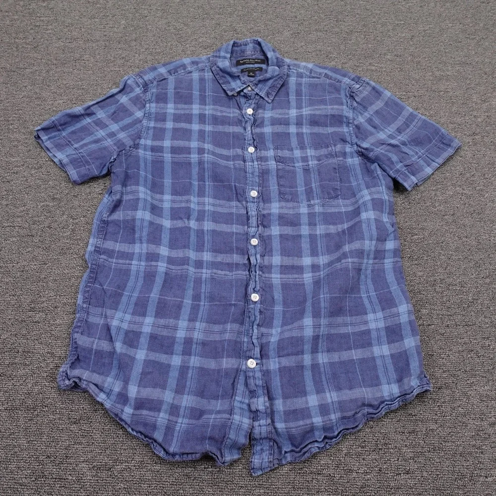 Banana Republic Shirt Mens Medium Blue Plaid Linen Short Sleeve Button Up Casual